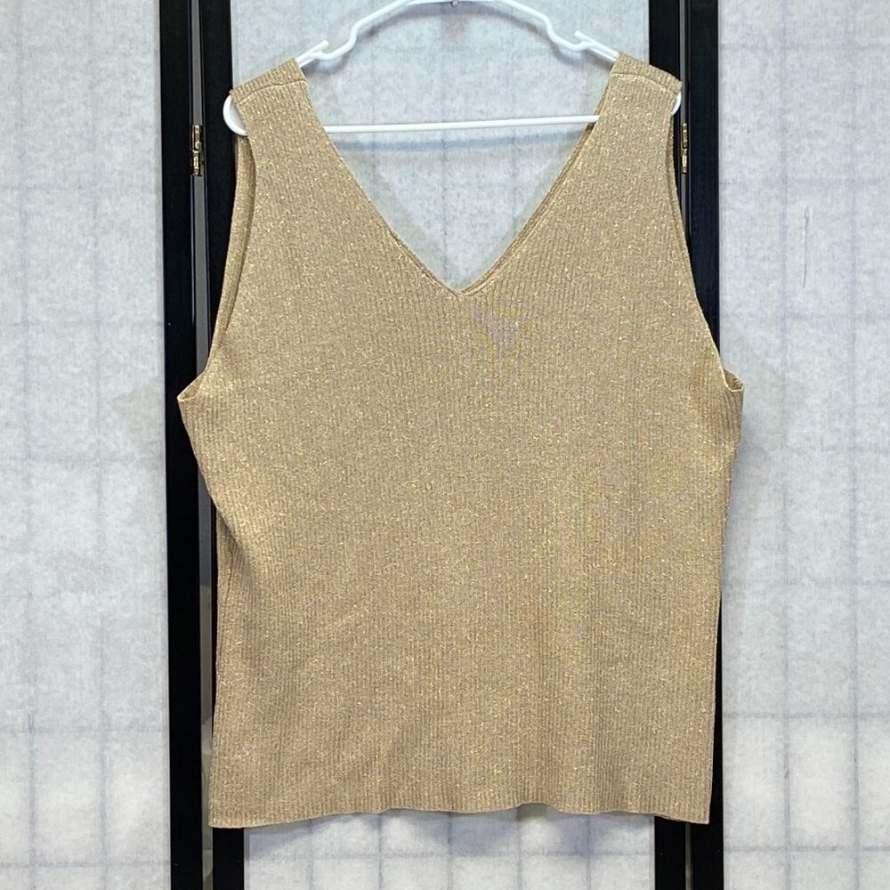 Venezia Jeans Co Gold Metallic Rib Knit Tank Sleeveless V-Neck Shimmer Top Lurex - Picture 2 of 12